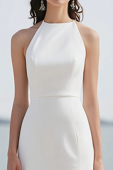 Ivory Round Neck Sheath Engagement Dress with Slit